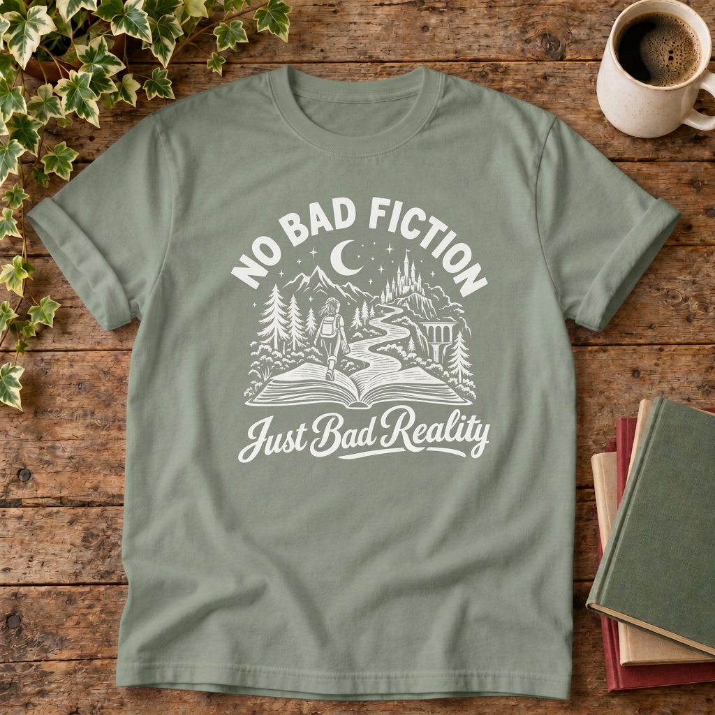 No bad fiction T-shirt in Bay, corrected stylised background