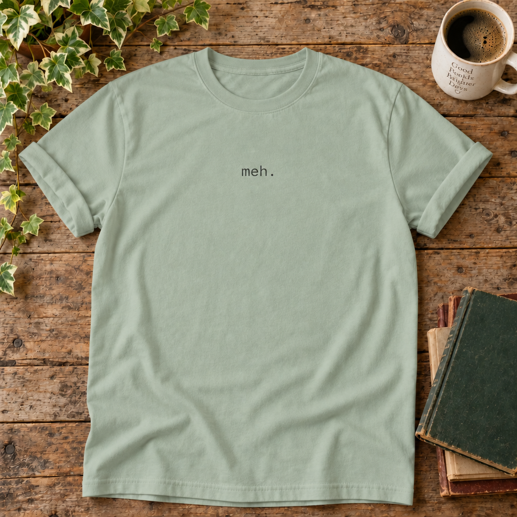 Meh Bay Comfort Colors flat lay with weathered wood and blank book cover
