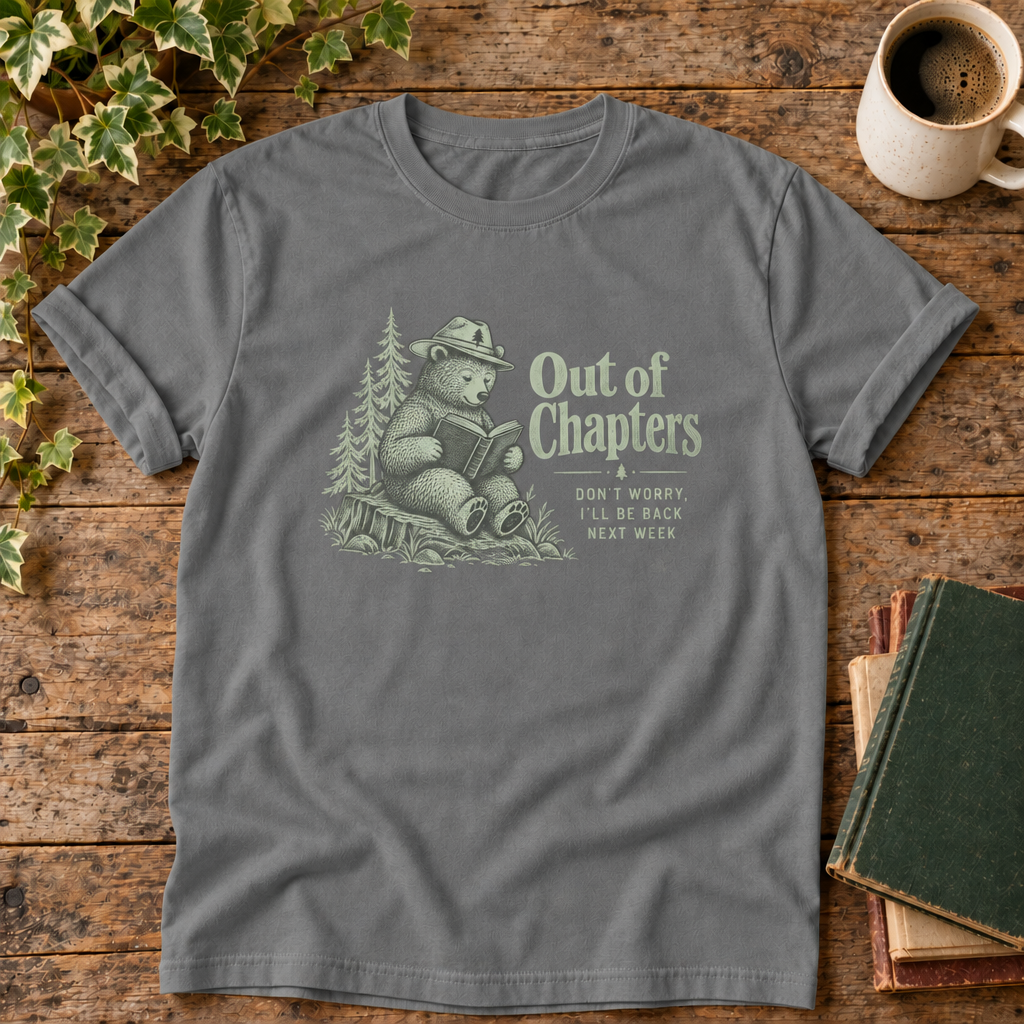Reading Bear Out of Chapters tee in Grey, flat lay with blank antique books