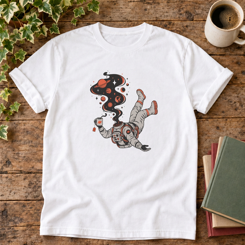 Astronaut cosmic t-shirt in White, rustic flat lay