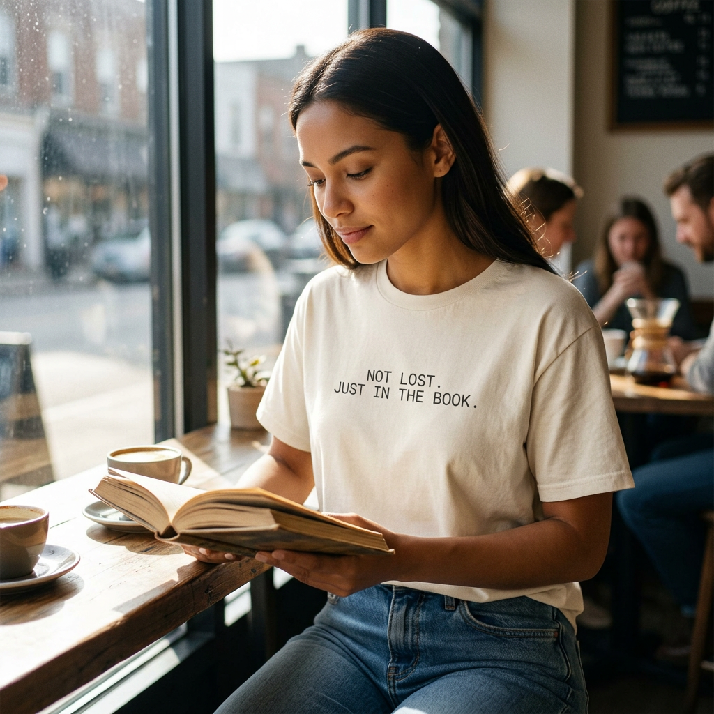 Woman reading wearing Not lost just in the book T-shirt in Ivory