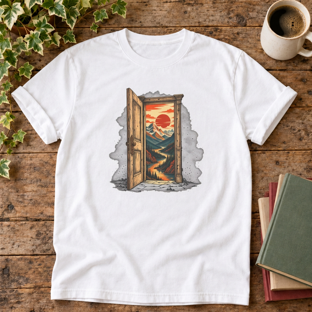 No notifications doorway graphic t-shirt in White, rustic flat lay