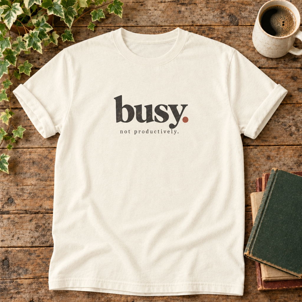 Busy. Not productively. Ivory t-shirt weathered-wood flat lay