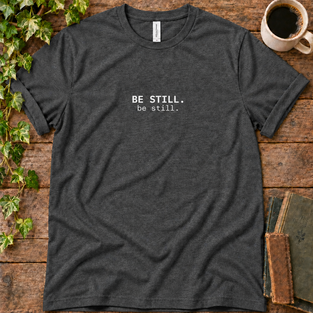 Dark grey heather regular-fit tee printed with be still, flat lay on rustic wood with ivy, coffee and vintage books