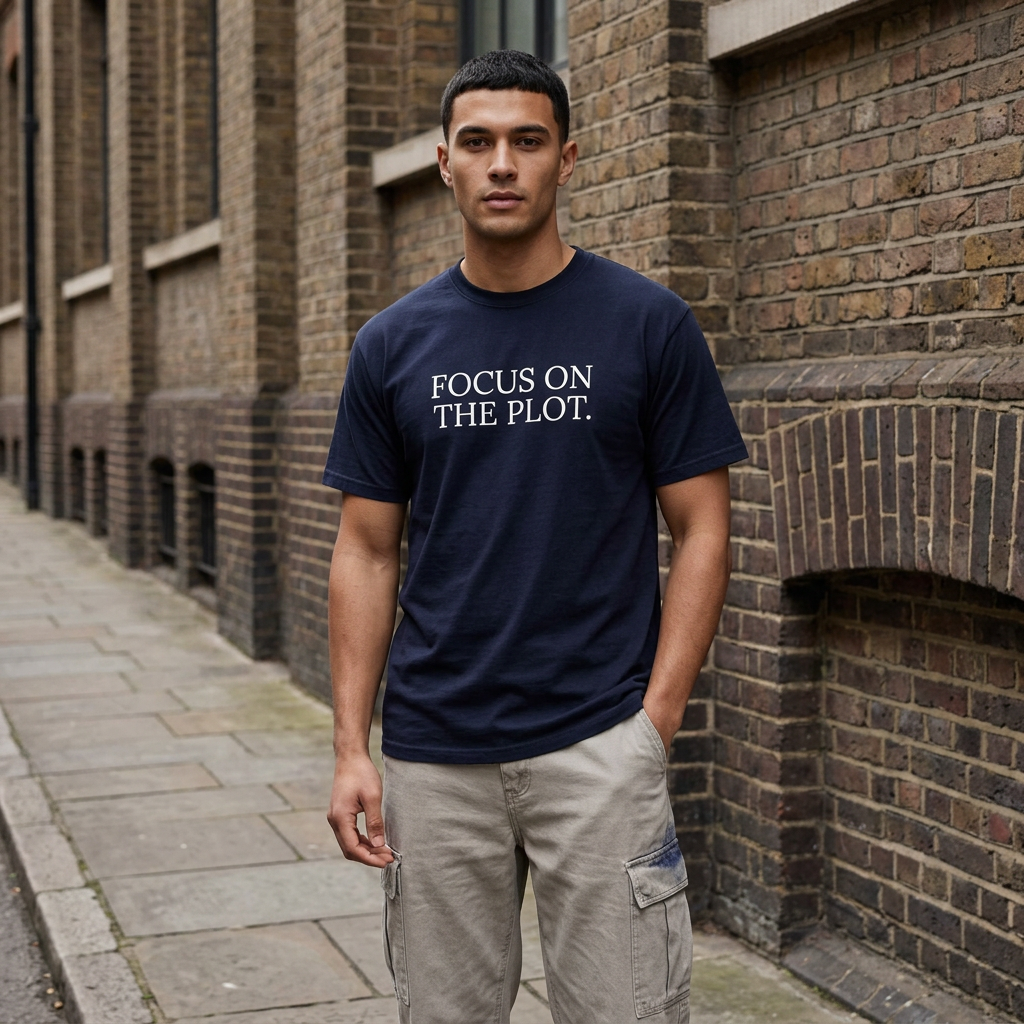 Man outdoors wearing Focus on the plot T-shirt in True Navy, streetwear lifestyle