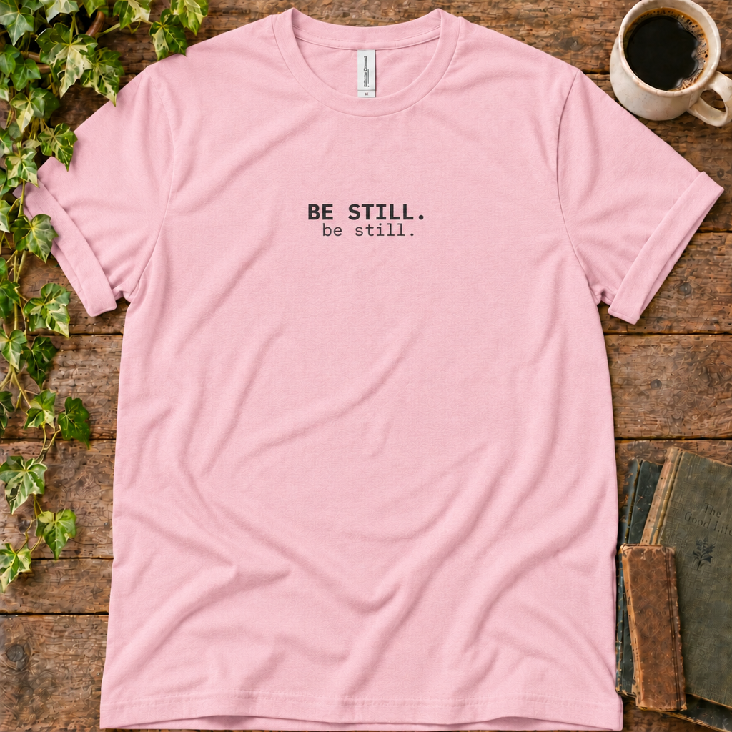 Pink regular-fit tee printed with be still, flat lay on rustic wood with ivy, coffee and vintage books