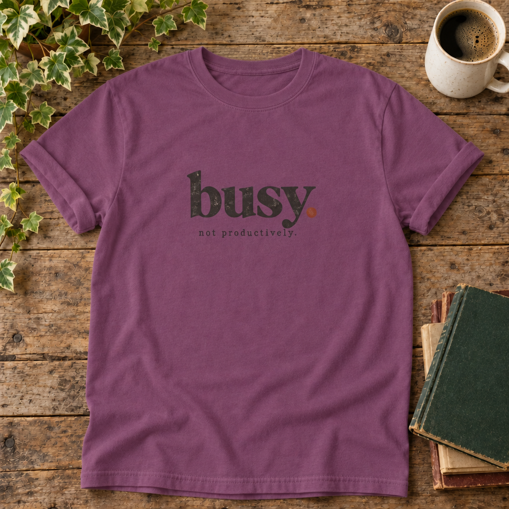 Busy. Not productively. Berry t-shirt flat lay