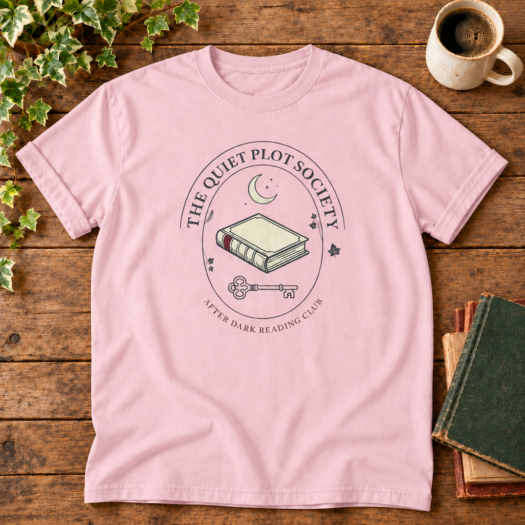 The Quiet Plot Society tee in Blossom, flat lay with book and coffee