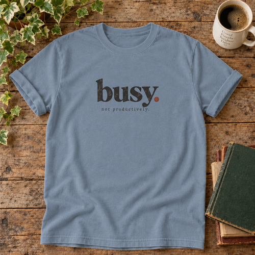 Busy. Not productively. Blue Jean t-shirt flat lay