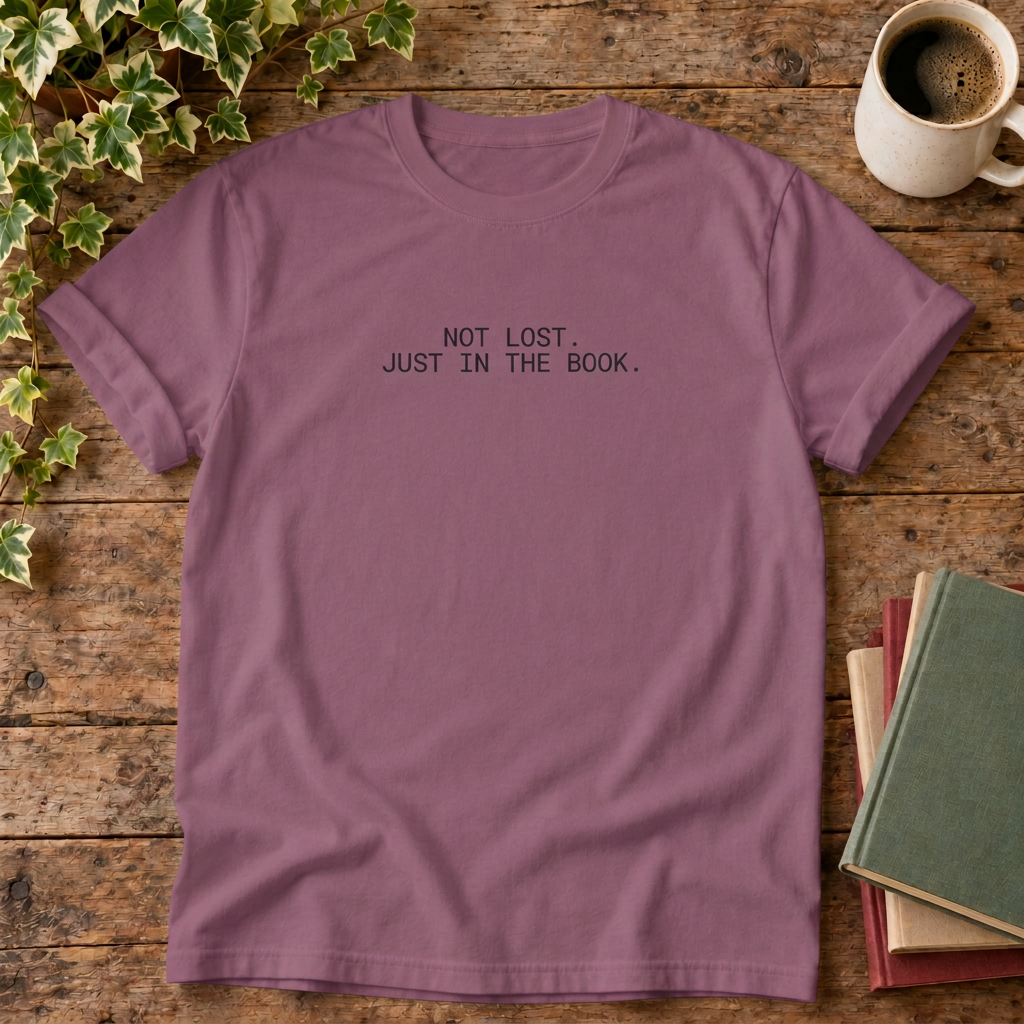 Not lost just in the book T-shirt in Berry, flat lay