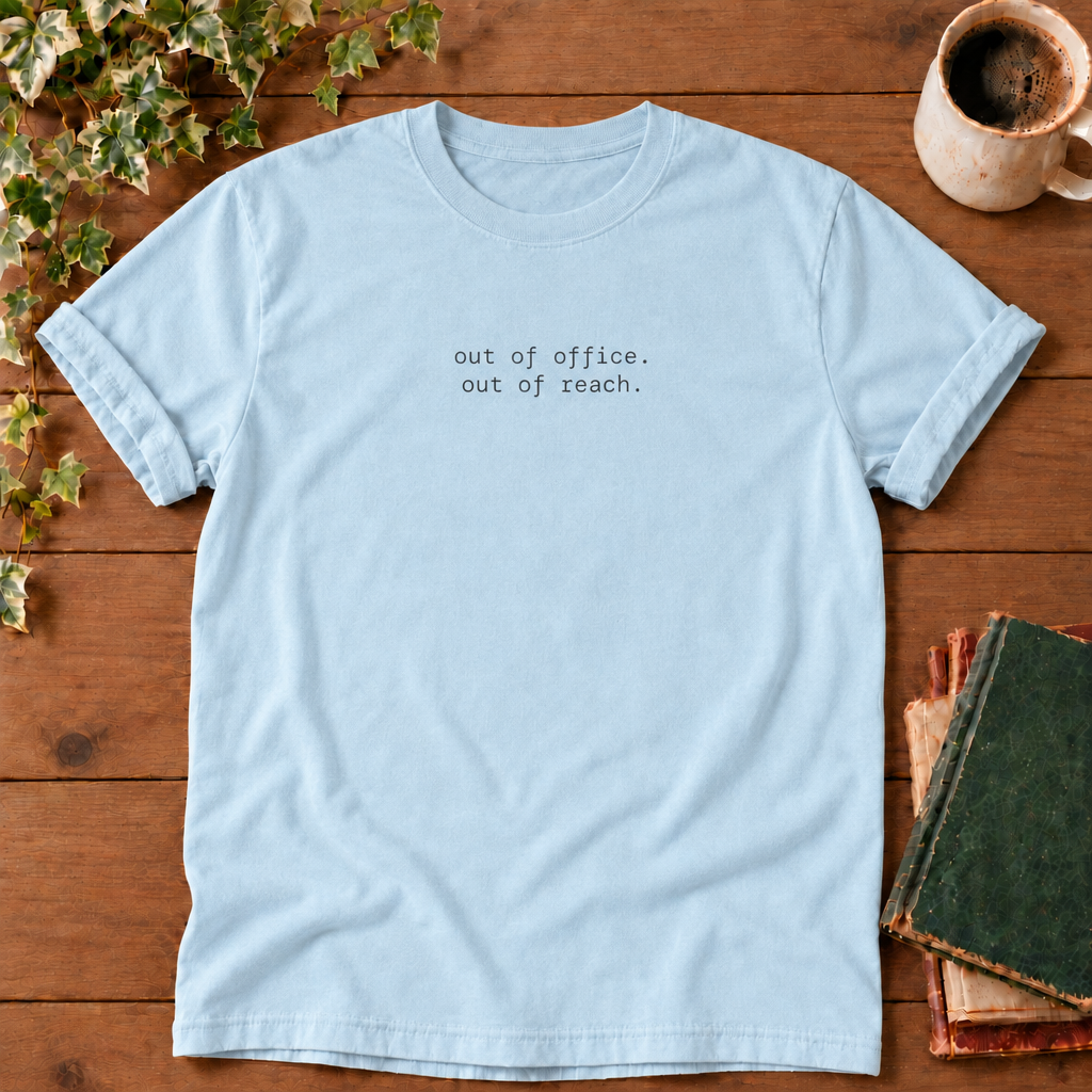 Out of office. Out of reach. Chambray t-shirt flat lay
