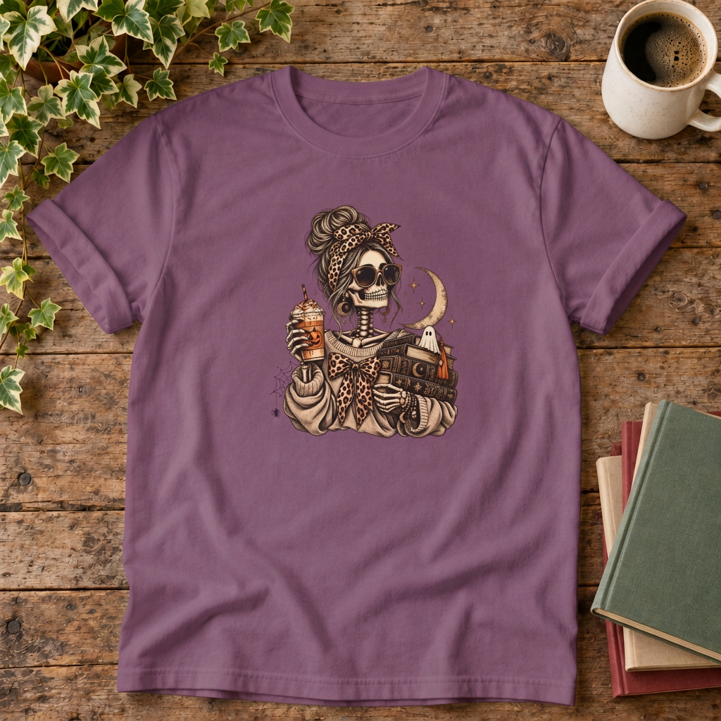 Mystical skeleton t-shirt in Berry, rustic wood flat lay