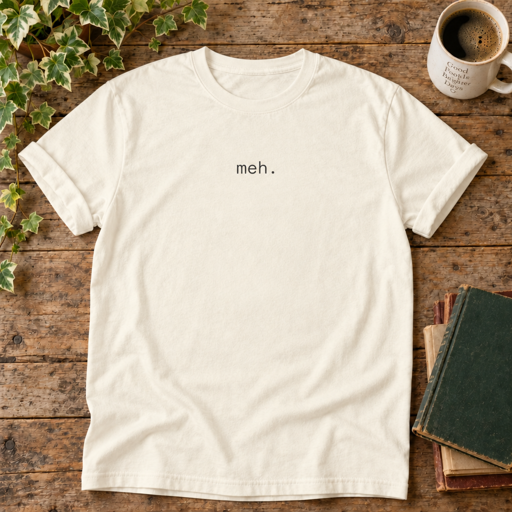 Meh Ivory Comfort Colors flat lay with weathered wood and blank book cover