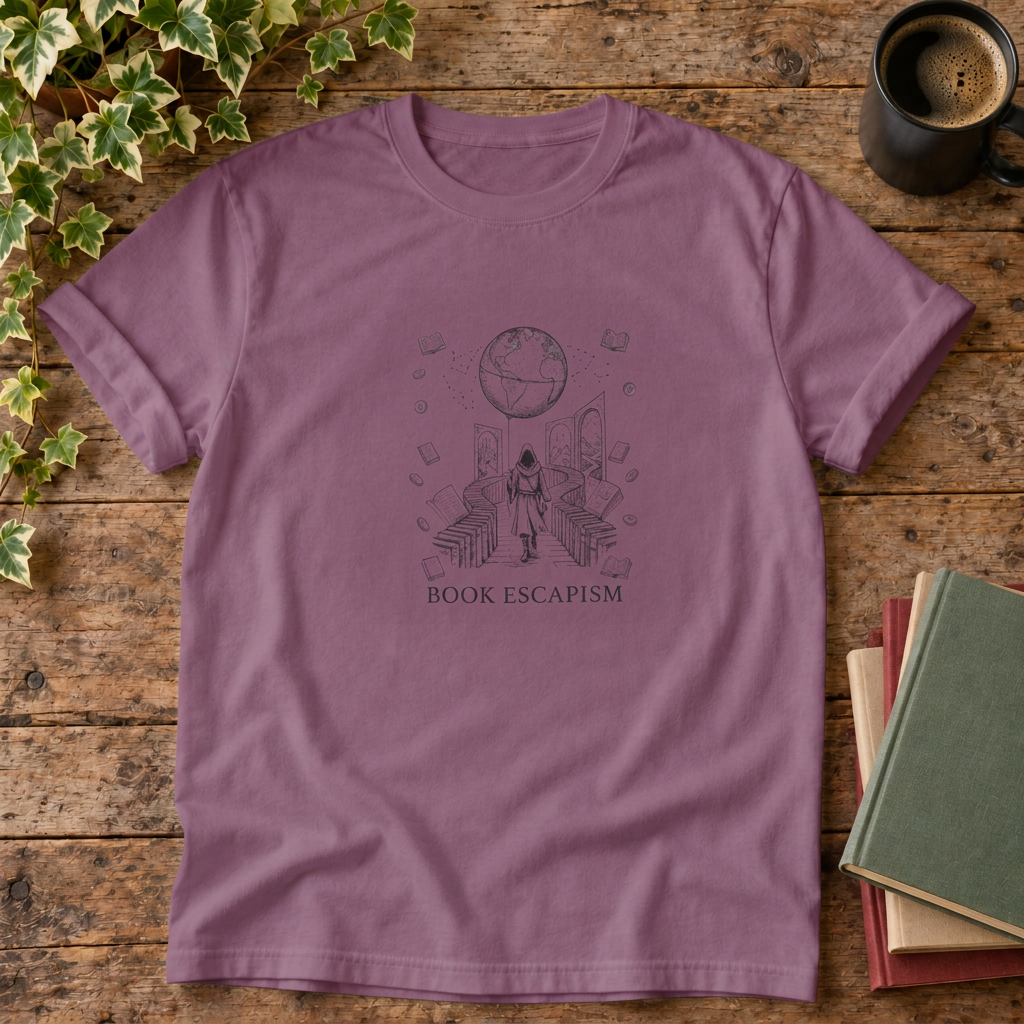 Book escapism reader t-shirt in Berry, rustic flat lay