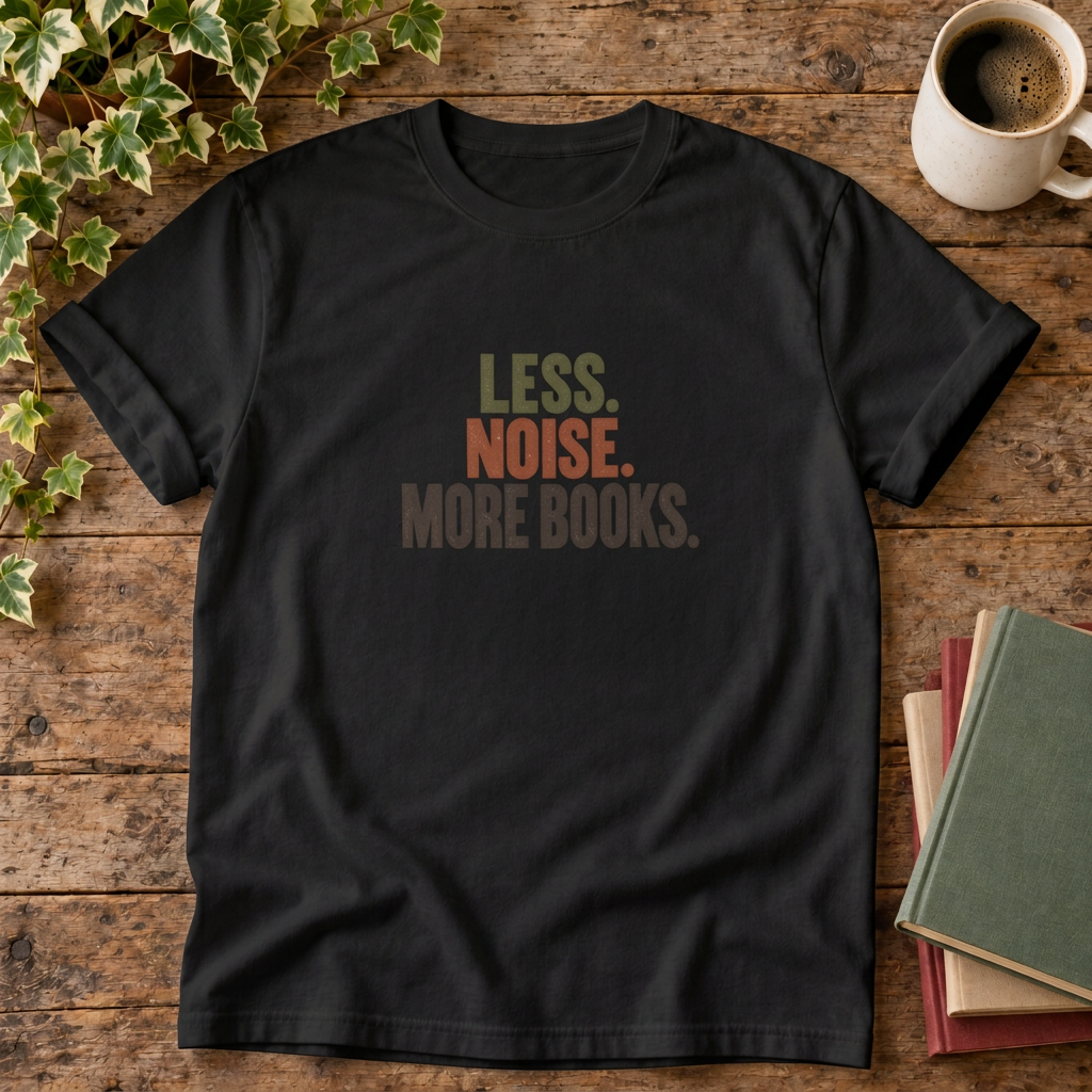 Less noise more books t-shirt in Black, rustic wood flat lay