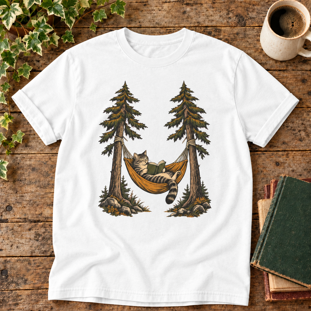 Cat reading in a hammock on White tee