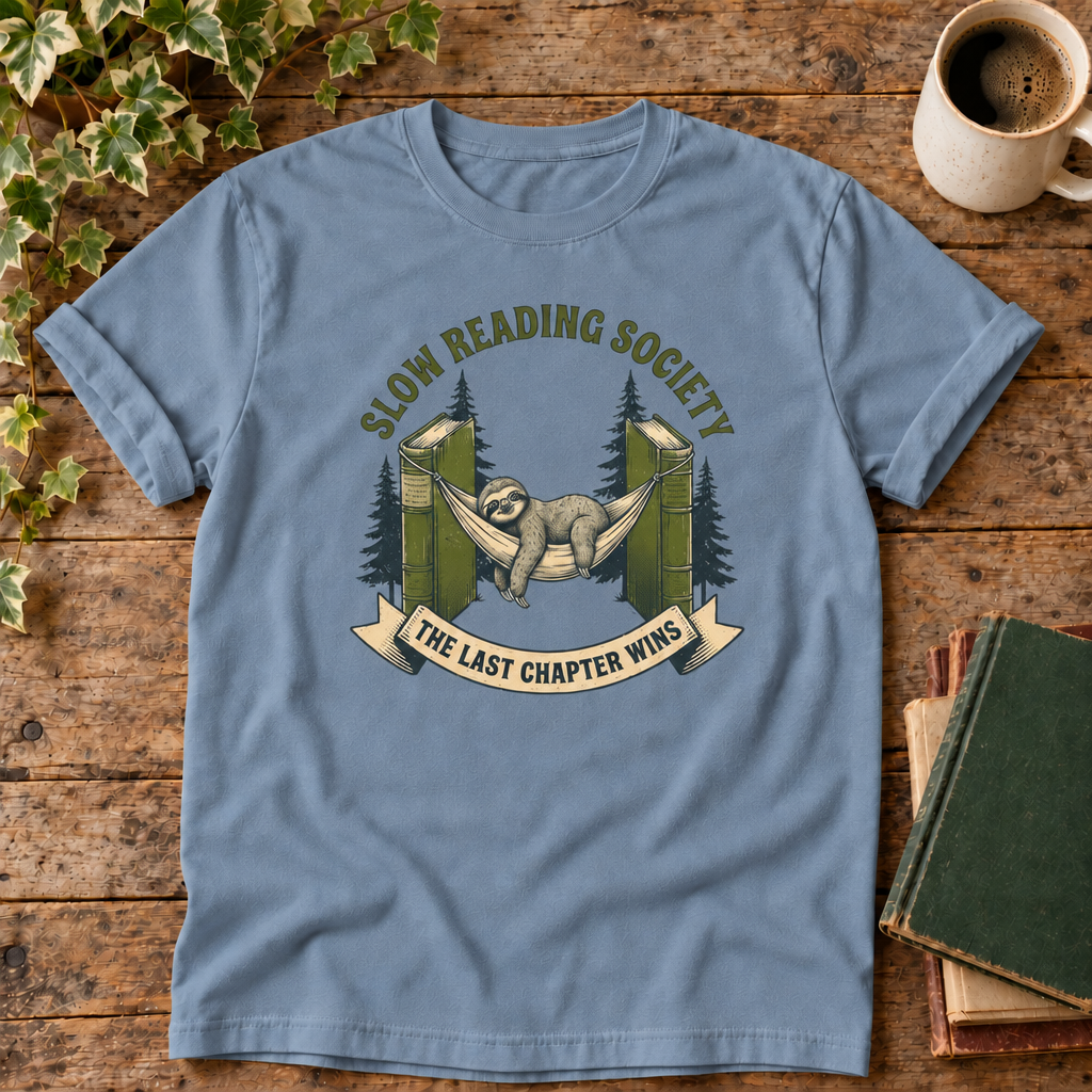 Slow Reading Society tee in Blue Jean with books and coffee