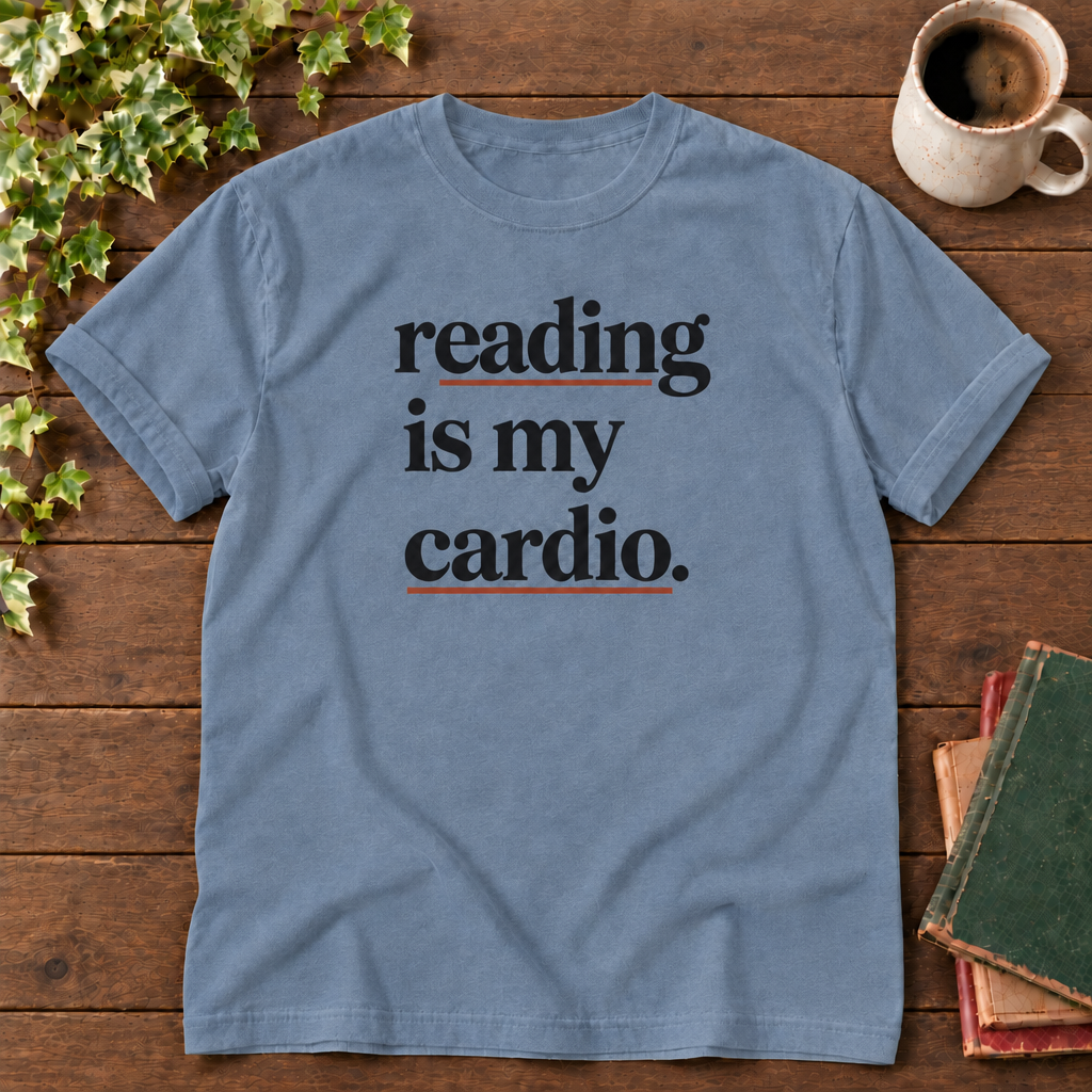 Reading is my cardio Blue Jean, smooth timber, aligned coffee mug and green red tan books