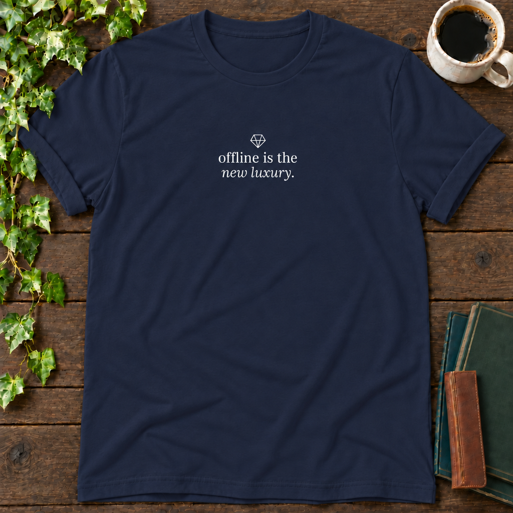 offline is the new luxury. navy t-shirt flat lay