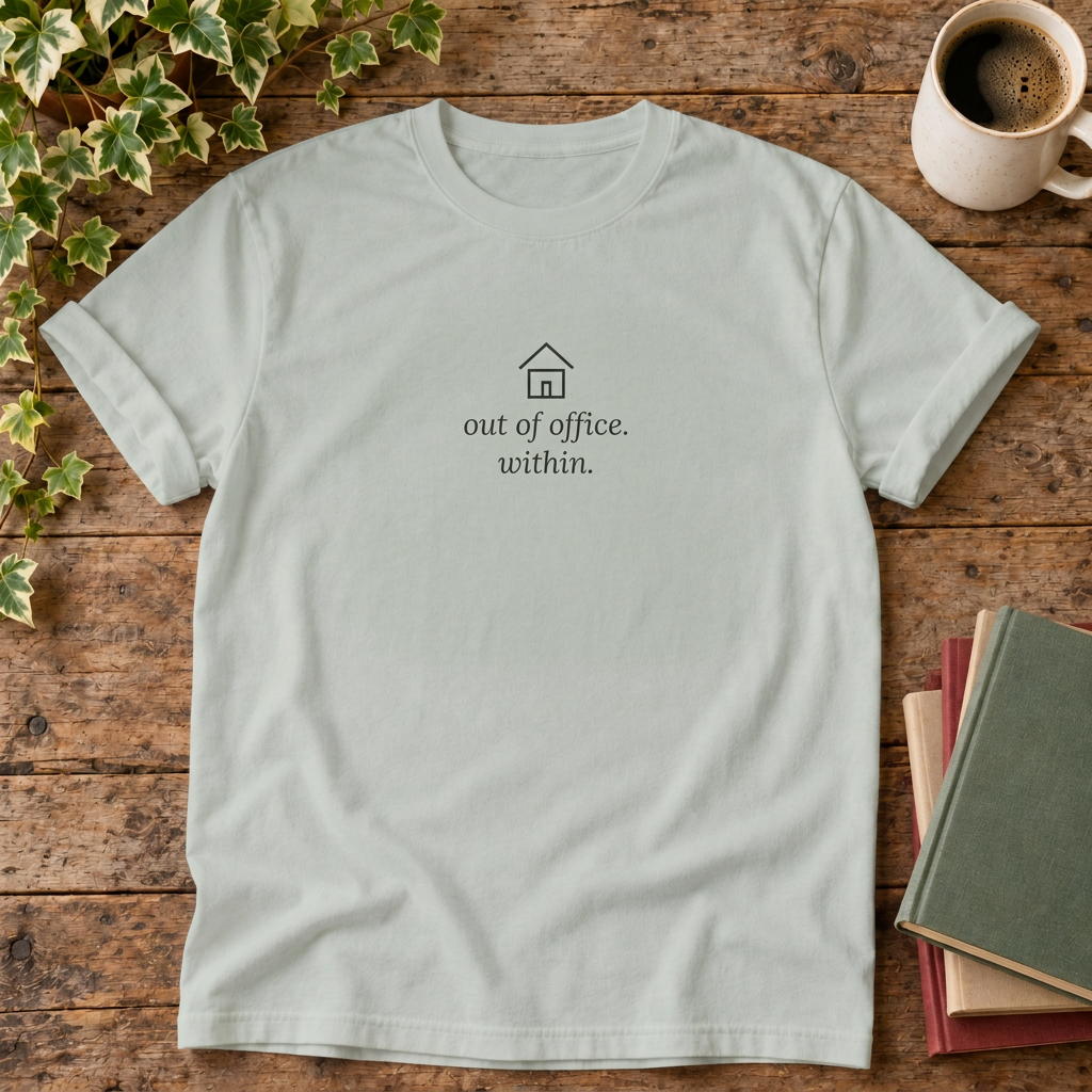 Out of office within t-shirt in Bay, rustic flat lay