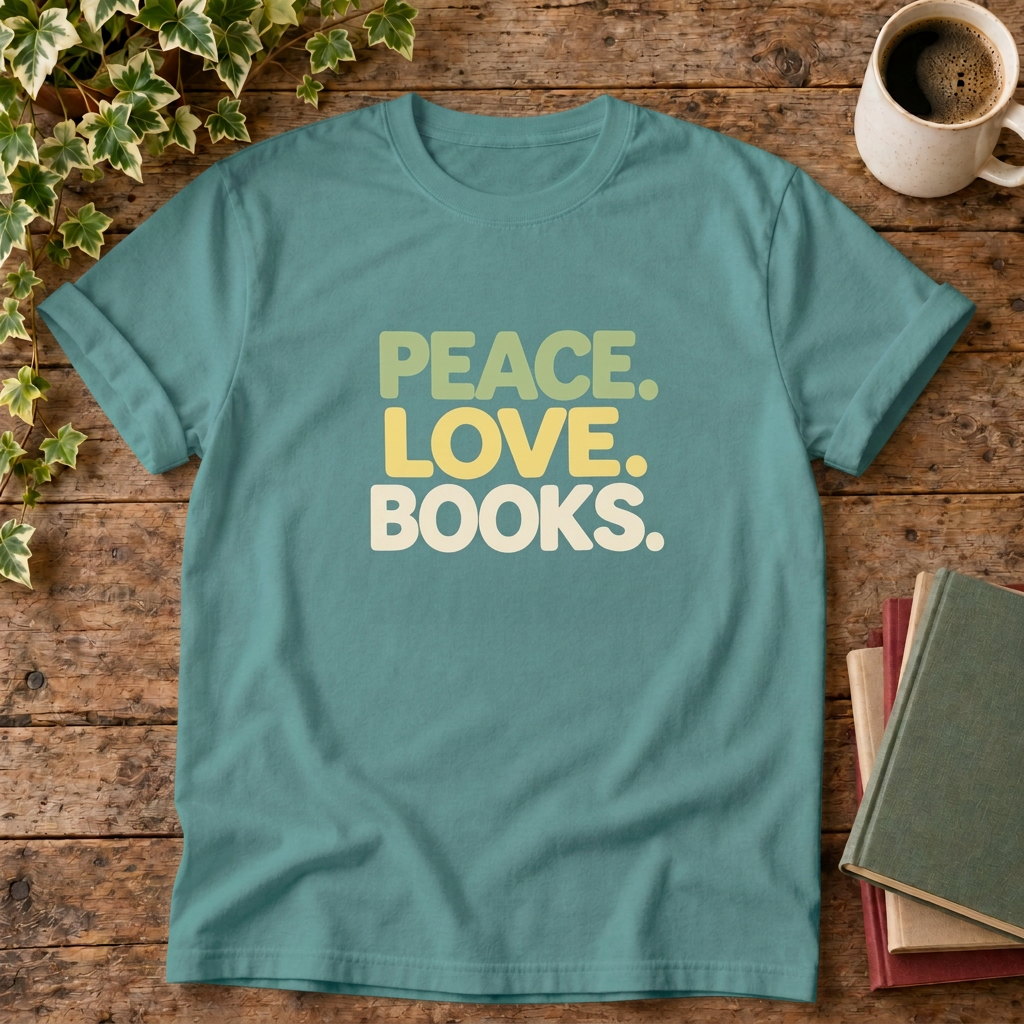 Peace love books t-shirt in Seafoam, rustic wood flat lay