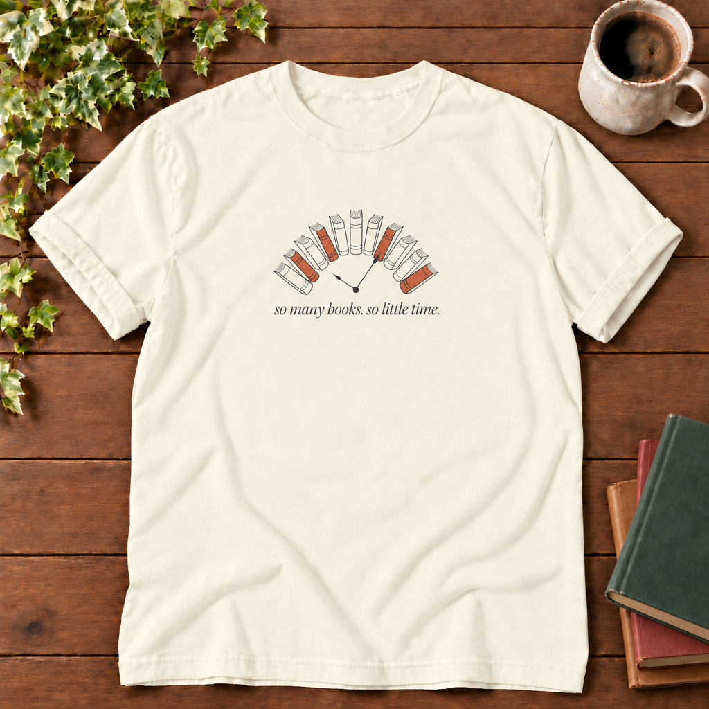 So many books so little time Ivory, smooth wood and realistic green red tan book stack