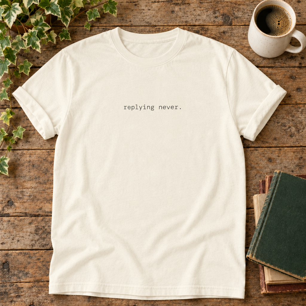 Replying never. Ivory t-shirt weathered-wood flat lay