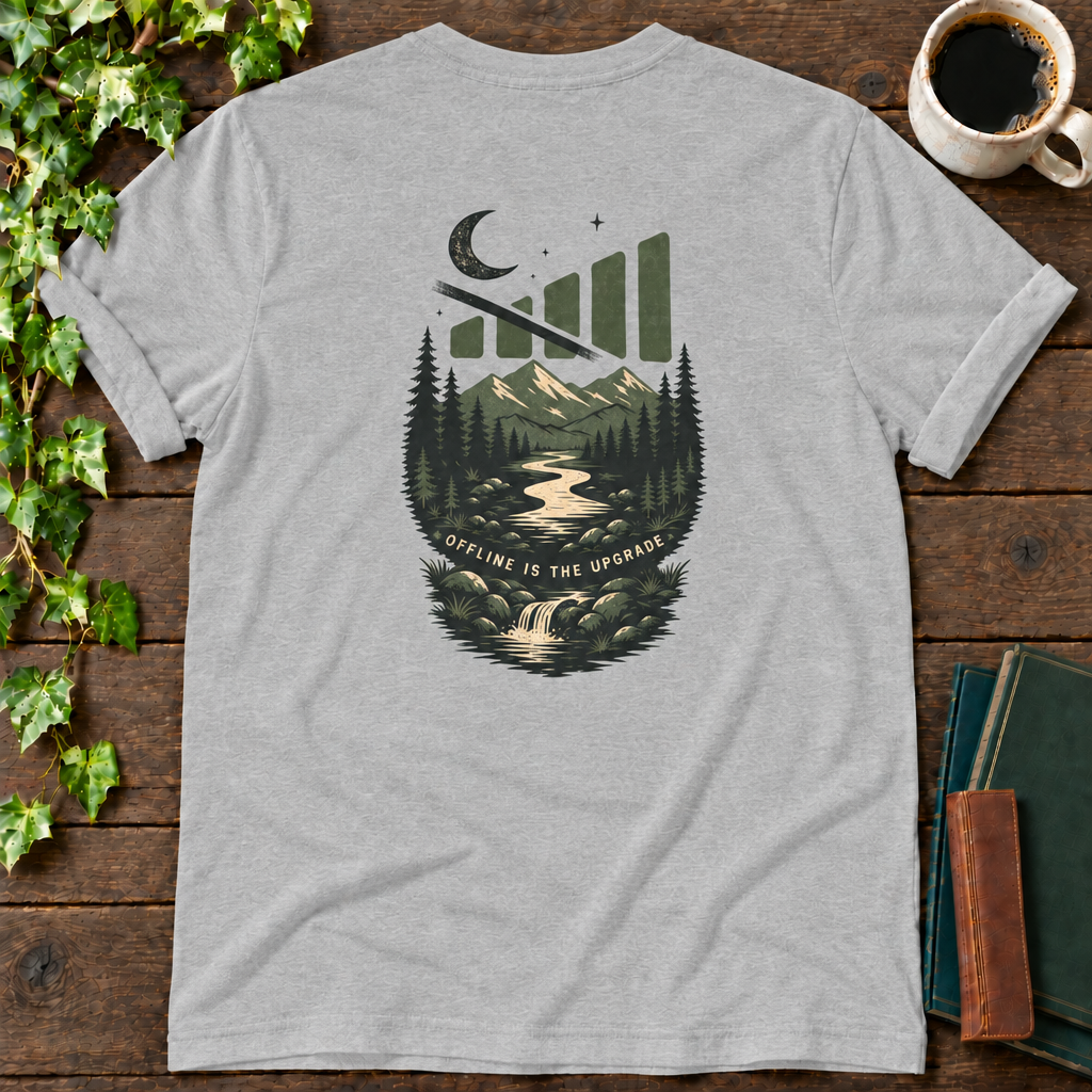 offline mode nature. athletic heather t-shirt back print flat lay