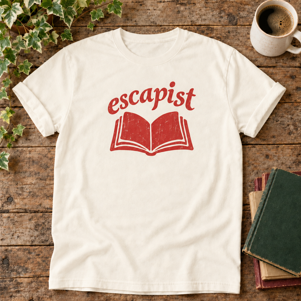 Escapist Ivory t-shirt weathered-wood flat lay