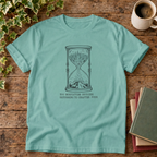 Too much fiction outside hourglass t-shirt in Seafoam, rustic flat lay