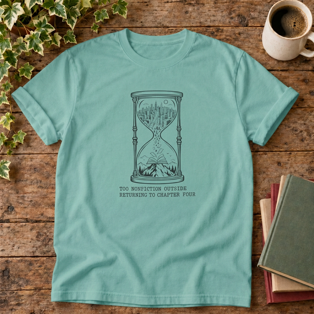 Too much fiction outside hourglass t-shirt in Seafoam, rustic flat lay