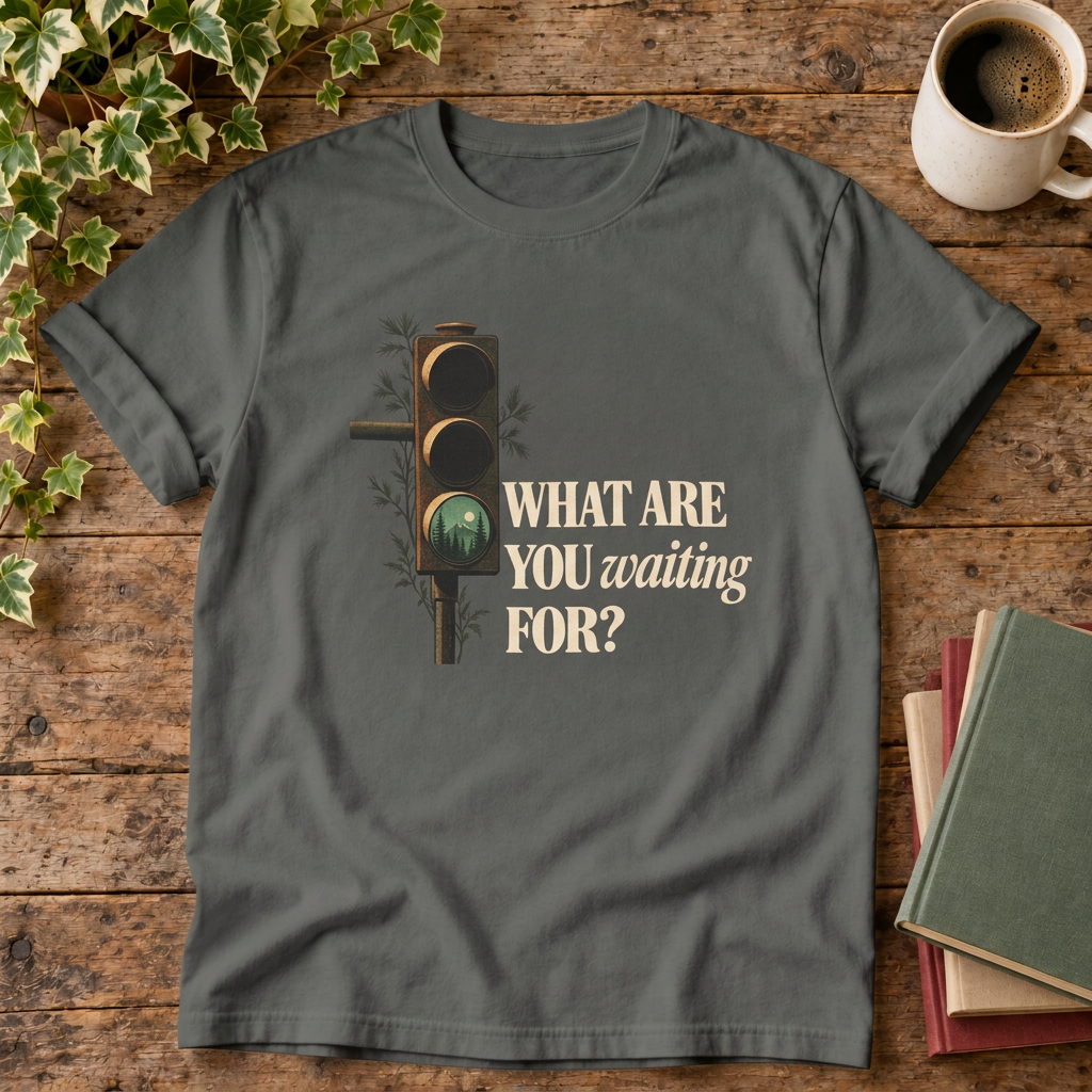 What Are You Waiting For? Pepper T-shirt wood-and-books flat lay
