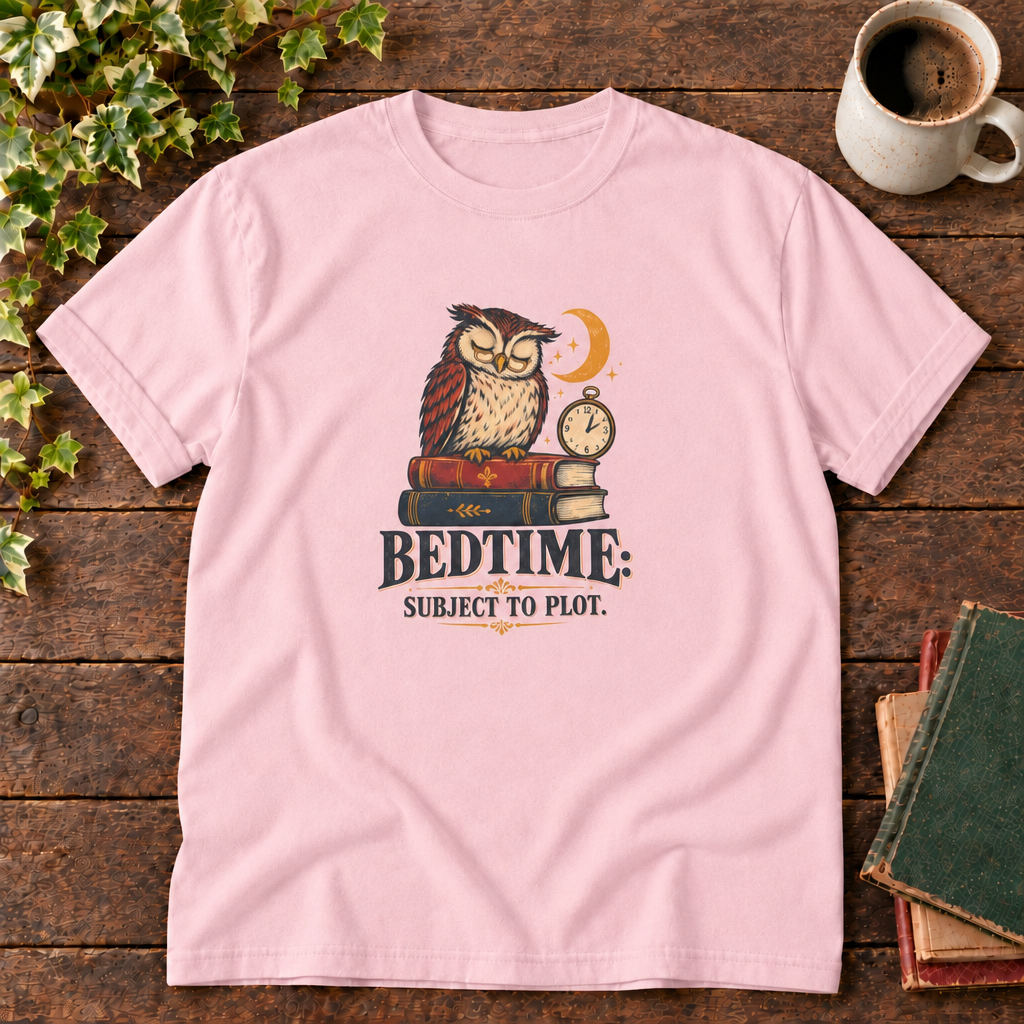 Blossom Bedtime owl and books t-shirt flat lay