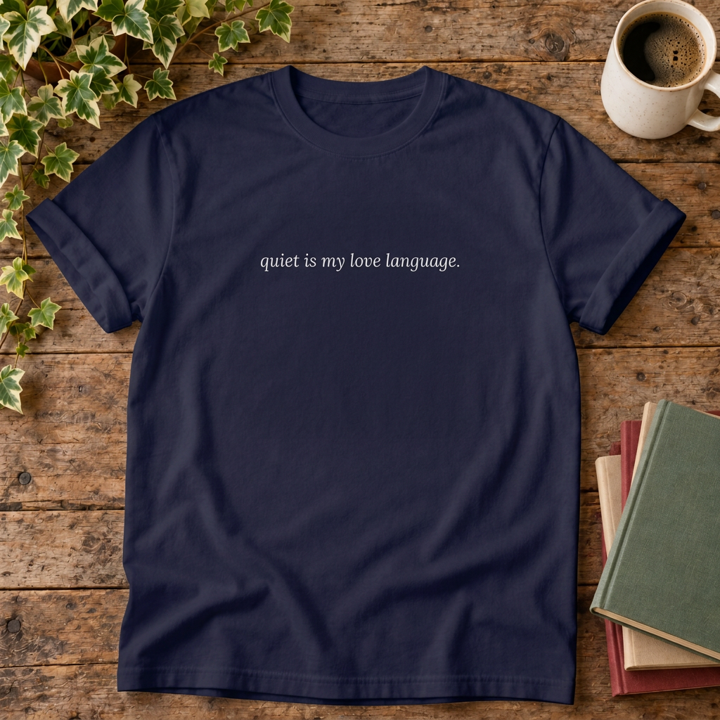 True Navy quiet is my love language t-shirt, stylised wood flat lay