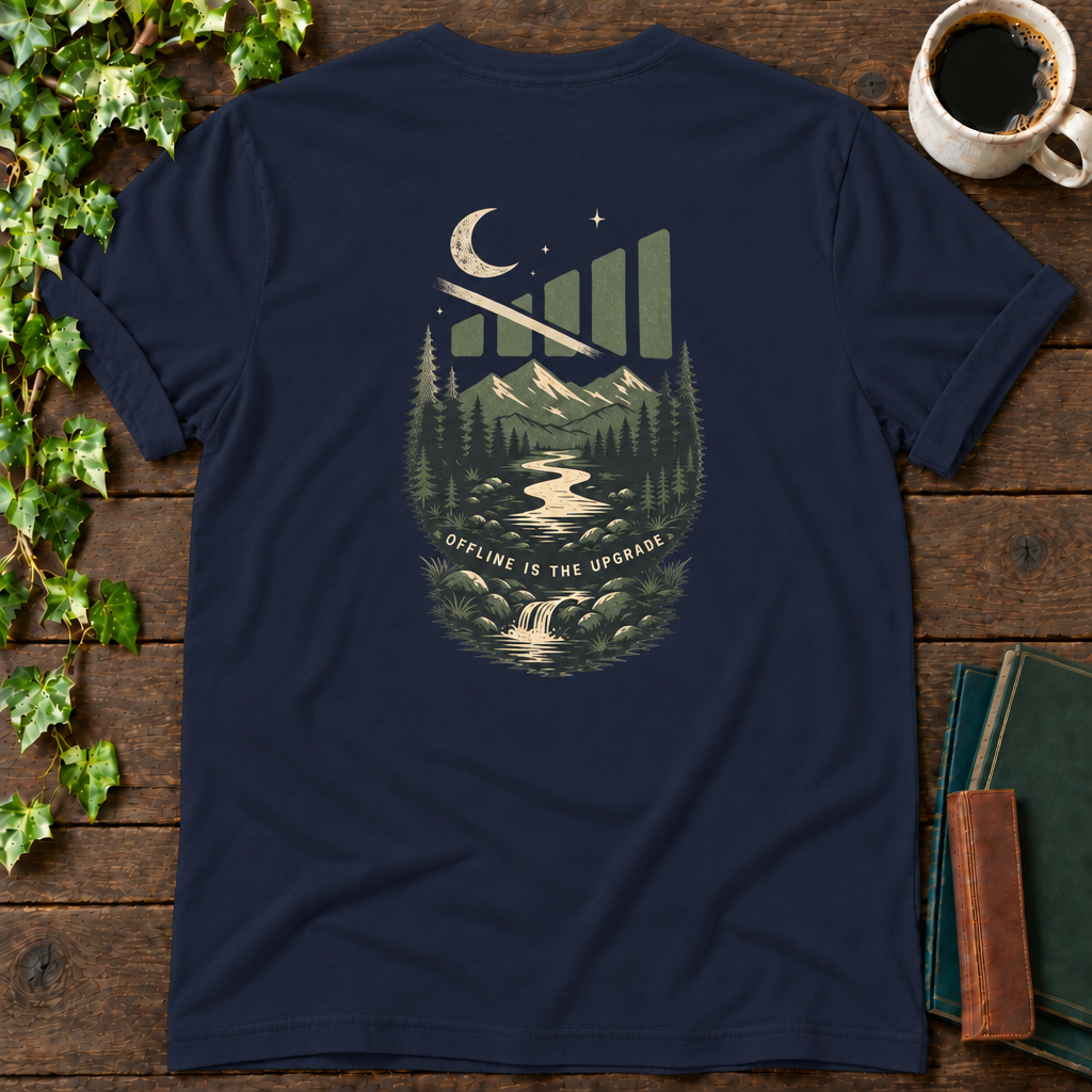 offline mode nature. navy t-shirt back print flat lay