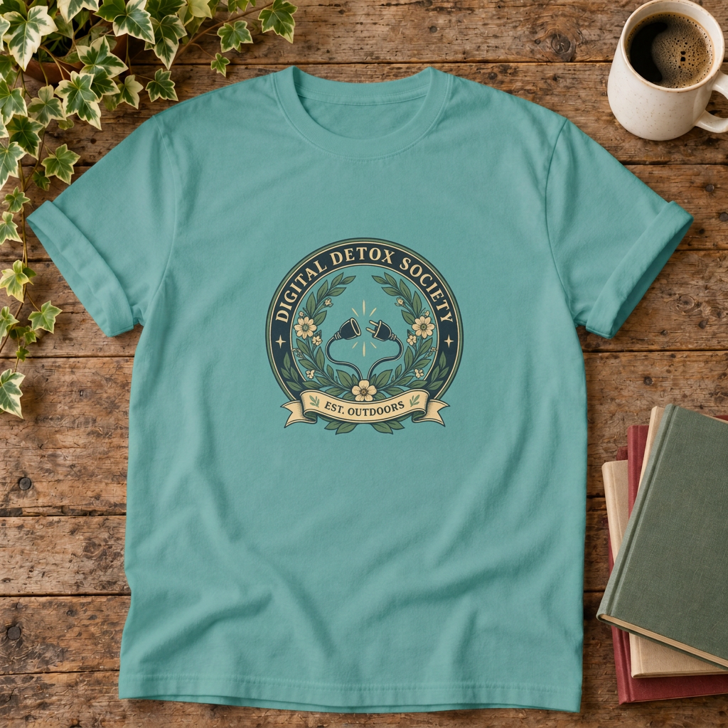 Digital detox society t-shirt in Seafoam, rustic flat lay