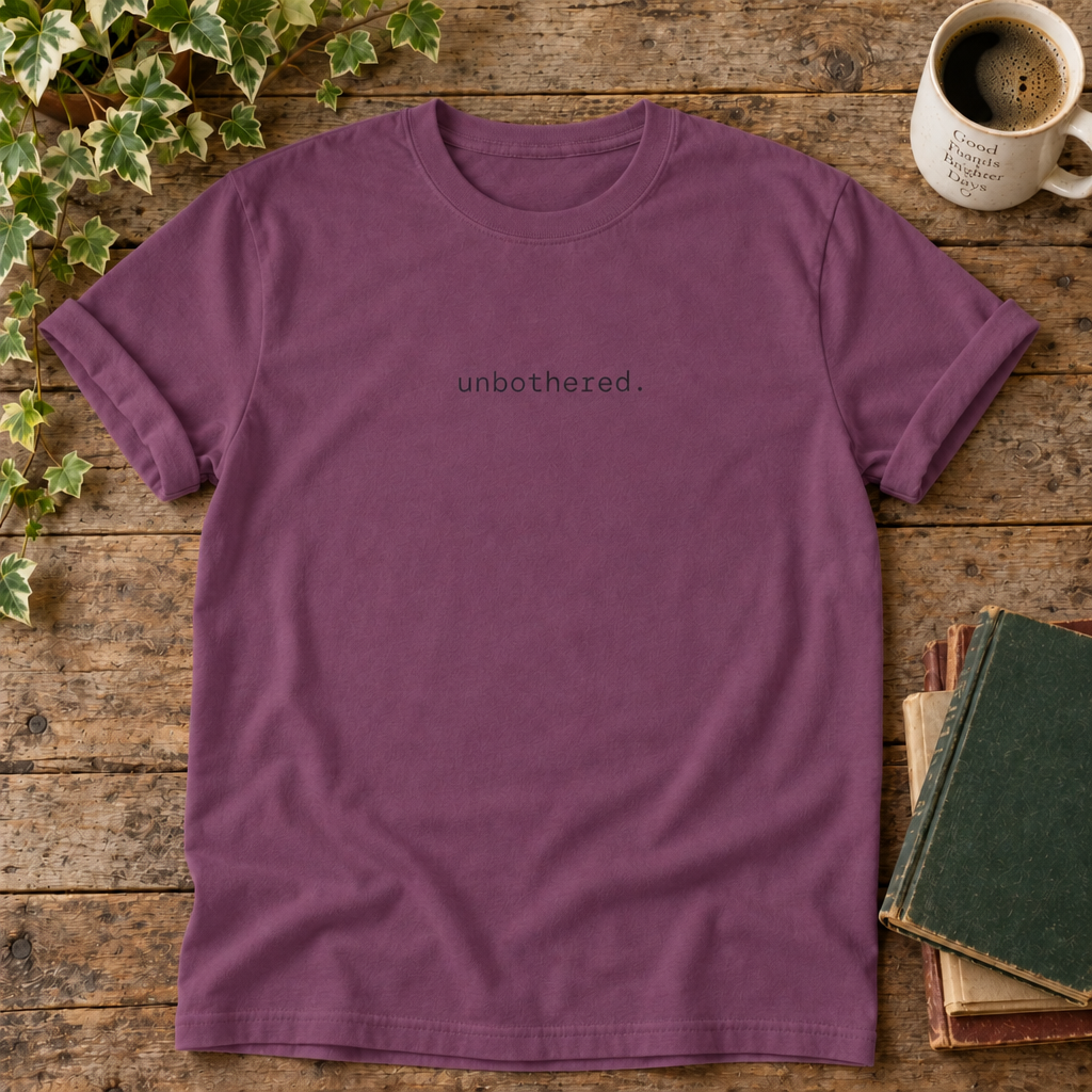 Unbothered. Berry t-shirt weathered-wood flat lay