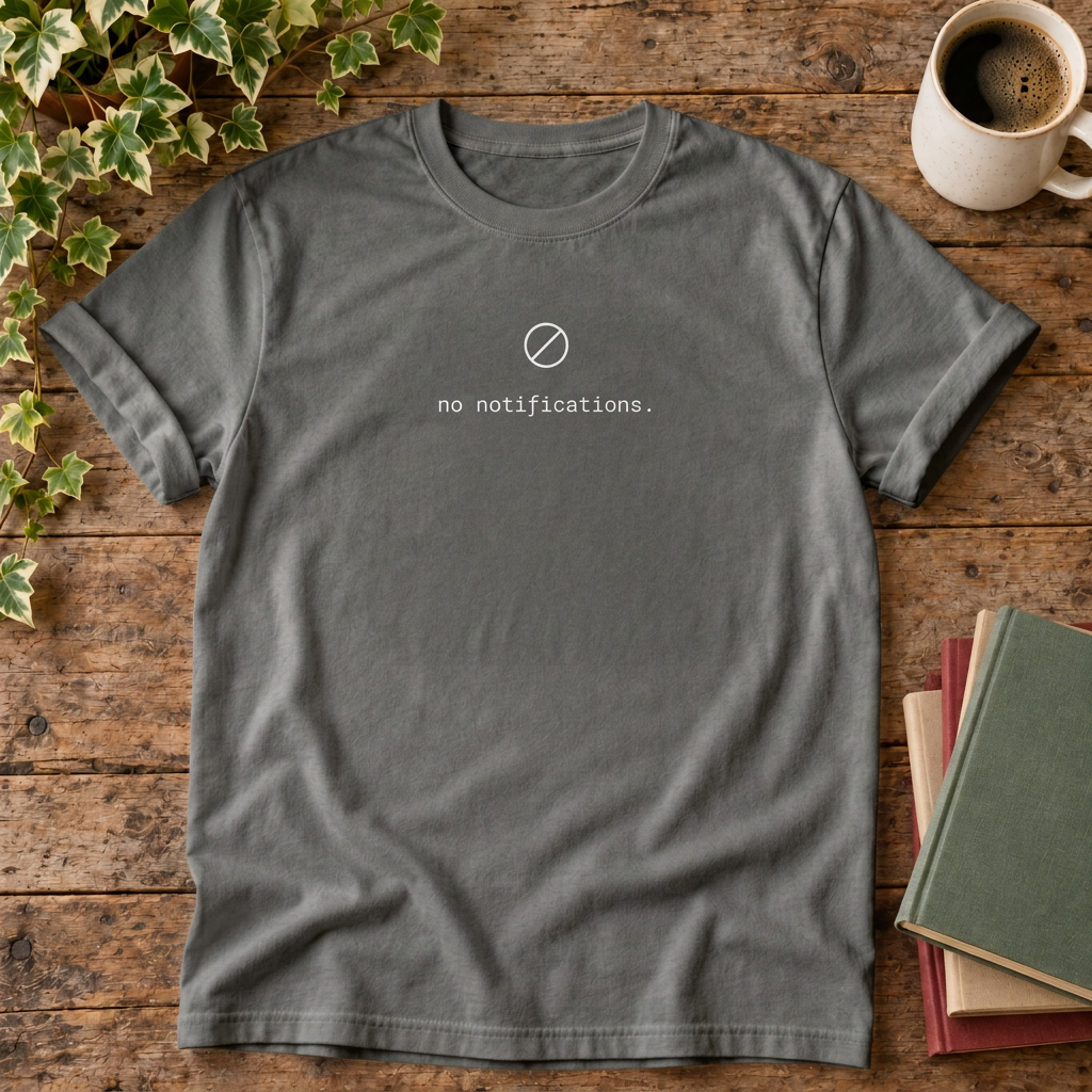No notifications minimalist t-shirt in Pepper, rustic flat lay