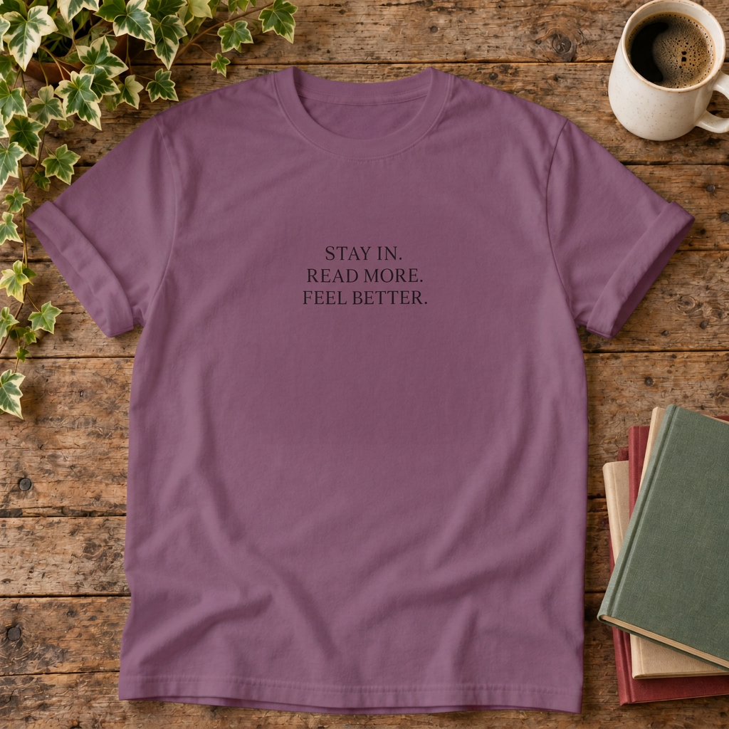 Stay in read more feel better t-shirt in Berry, rustic wood flat lay