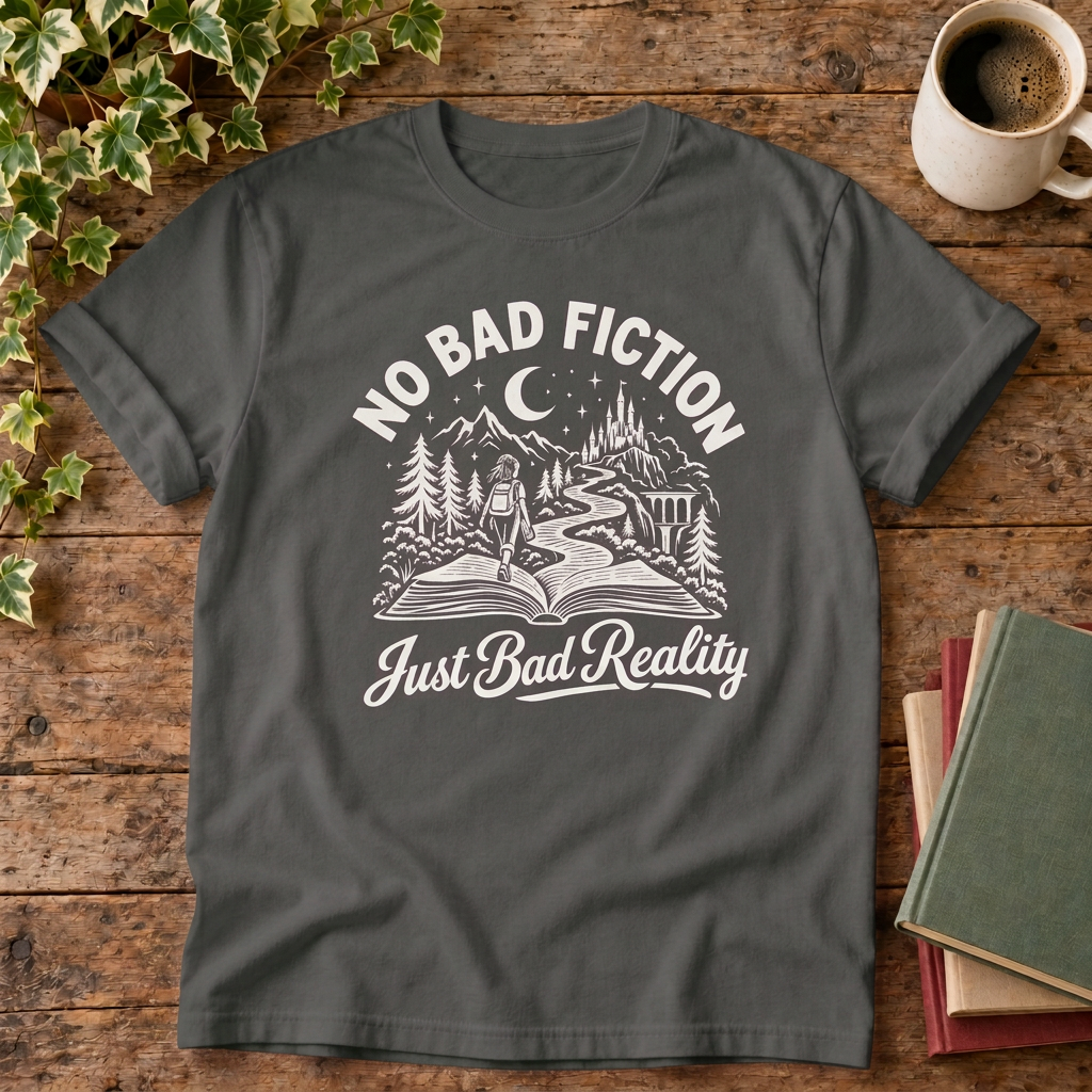 No bad fiction T-shirt in Pepper, stylised flat lay