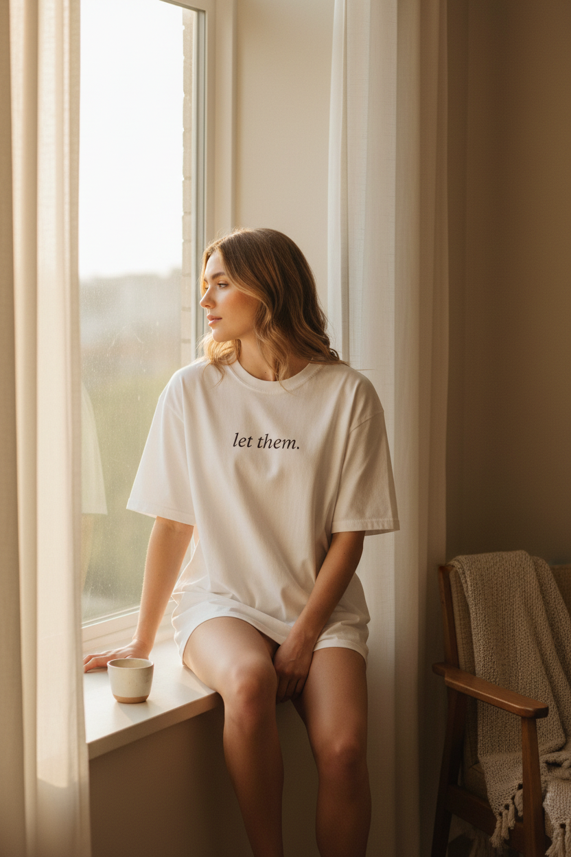 let them. — sunlit window, white CC relaxed fit lifestyle editorial