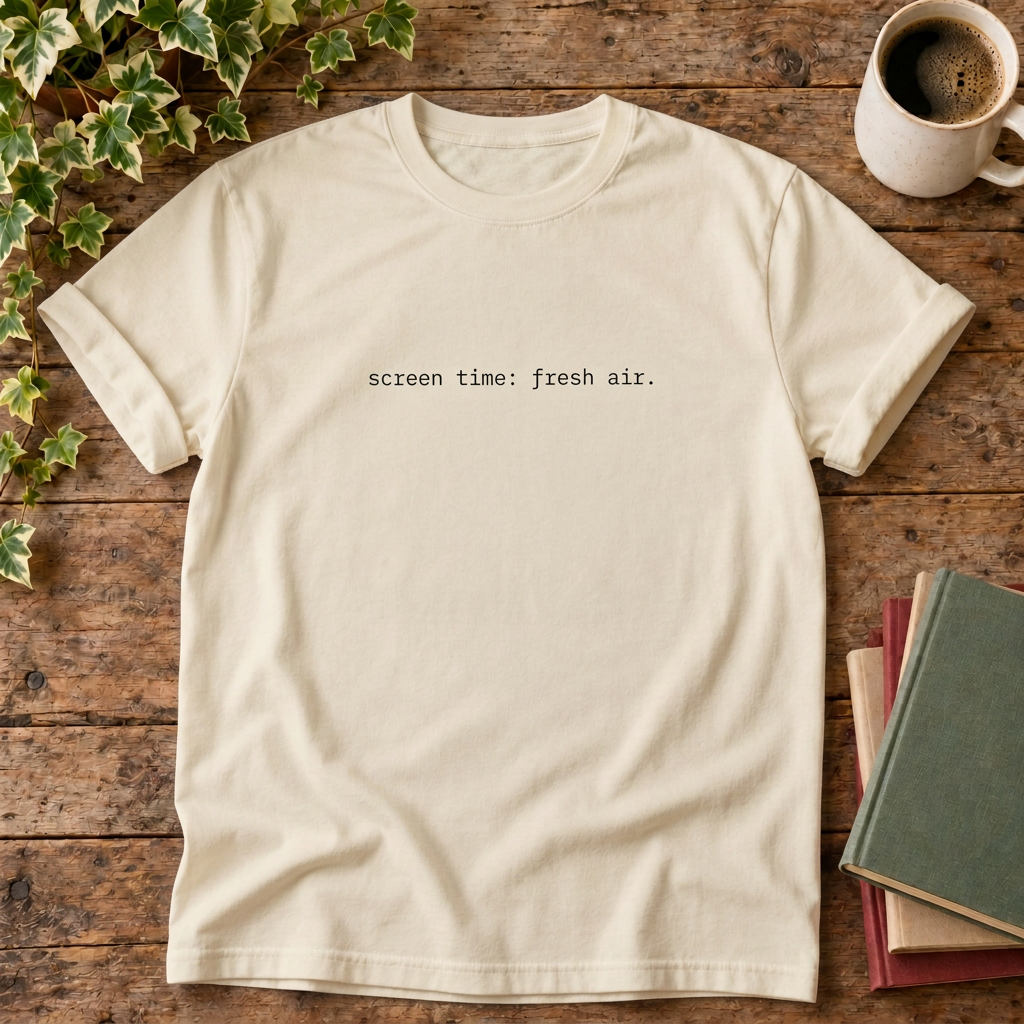 Ivory screen time fresh air t-shirt, stylised flat lay