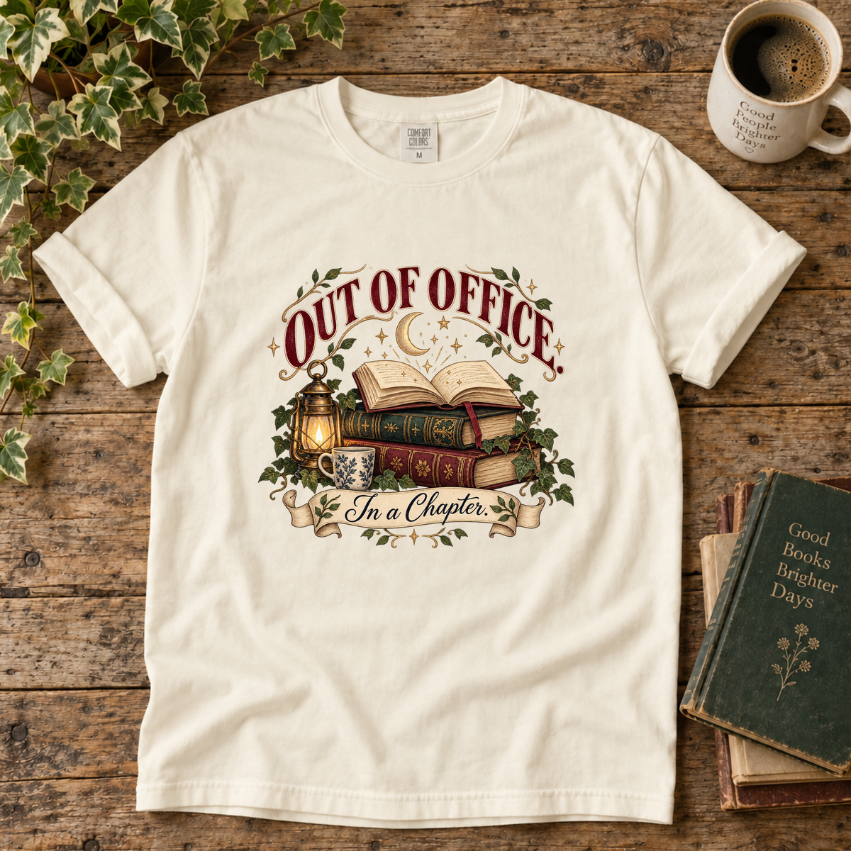 out of office. book stack. t-shirt