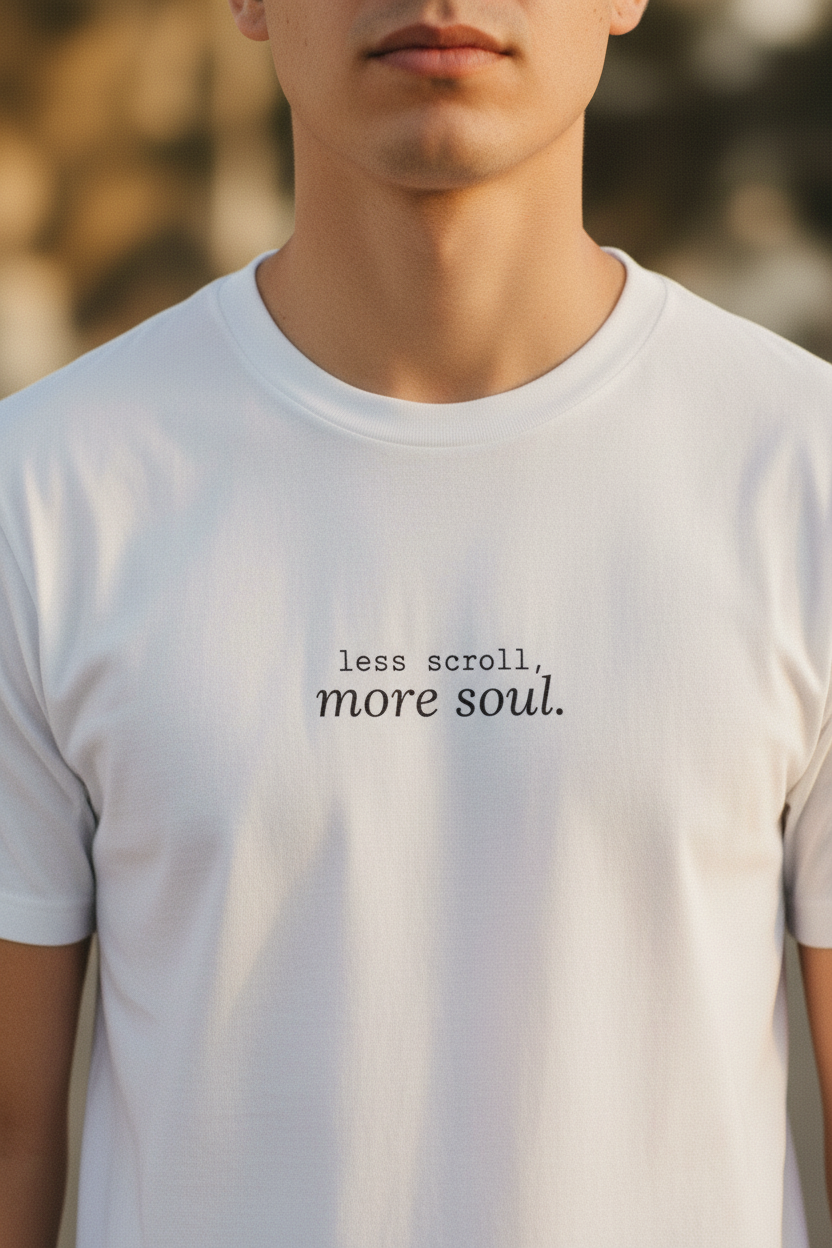 less scroll more soul. — close up chest print