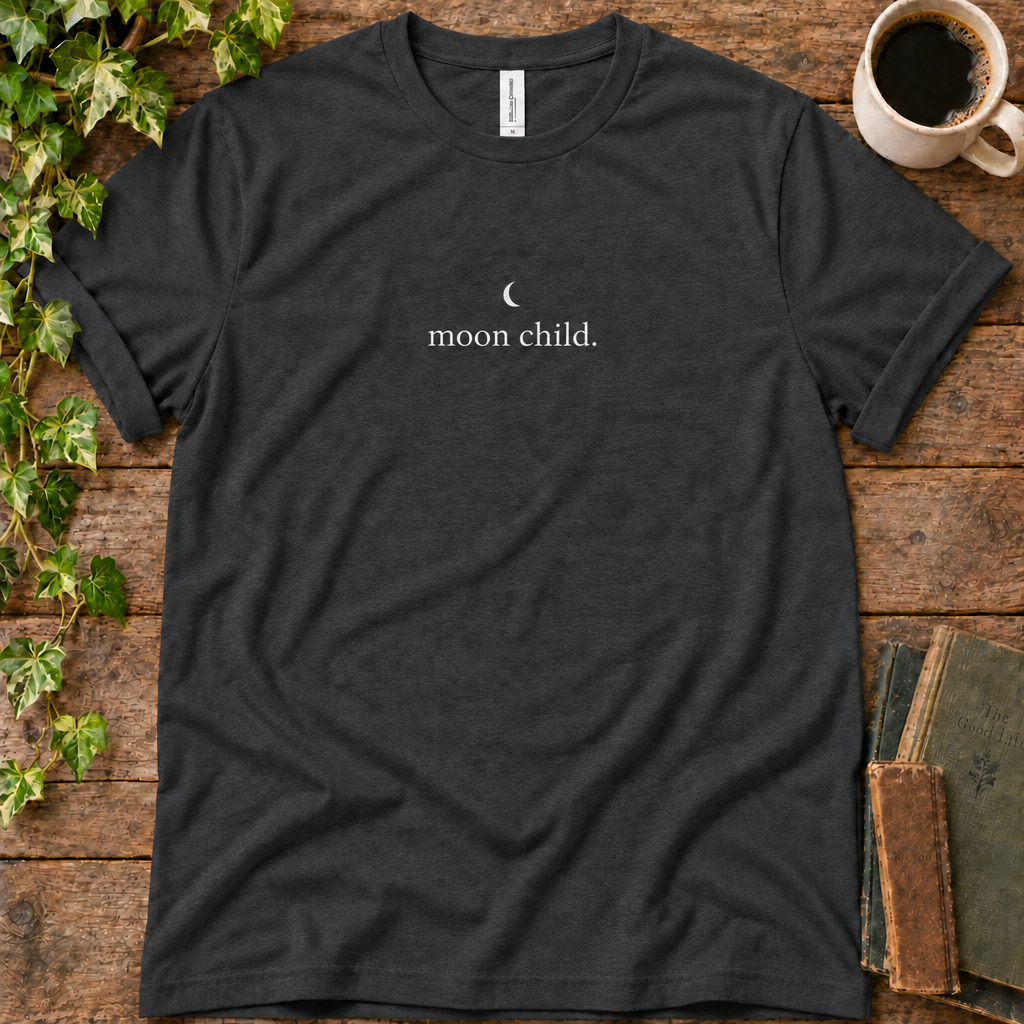 Moon child dark grey heather, tight square flat lay
