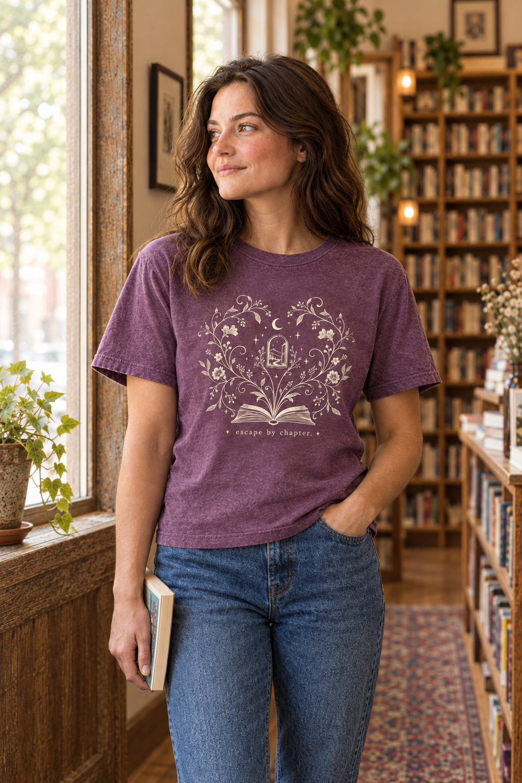 Portrait lifestyle image of the Berry escape by chapter t-shirt