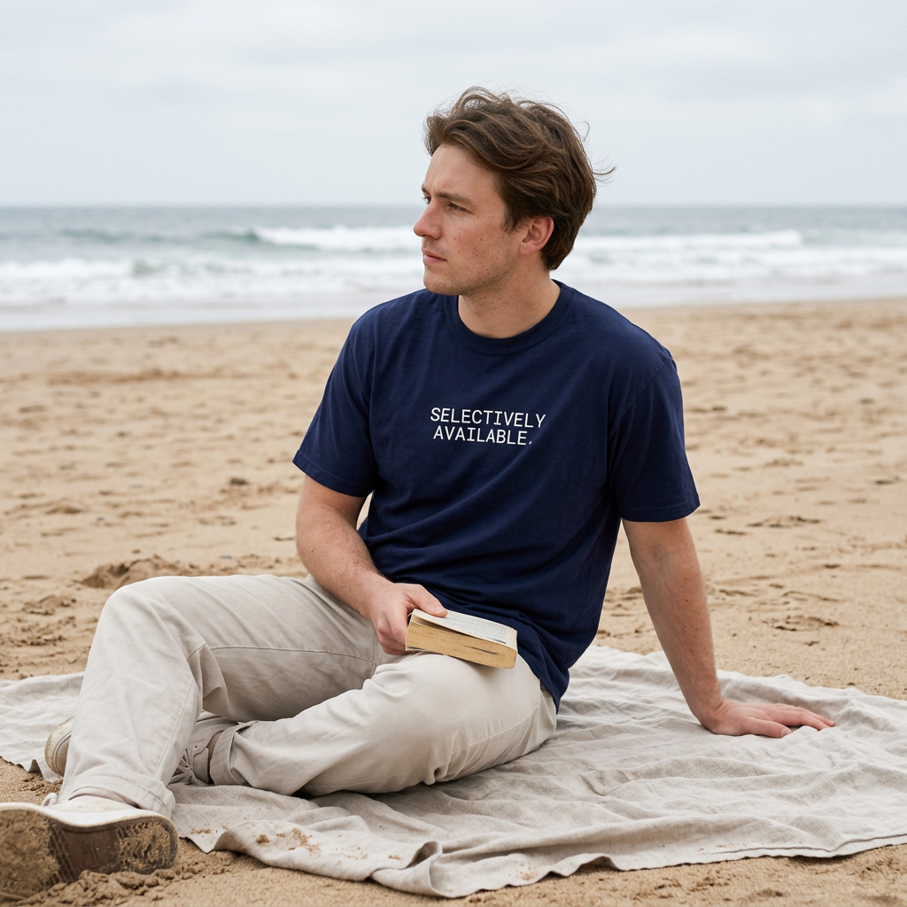 Selectively available, man on a beach blanket with a book