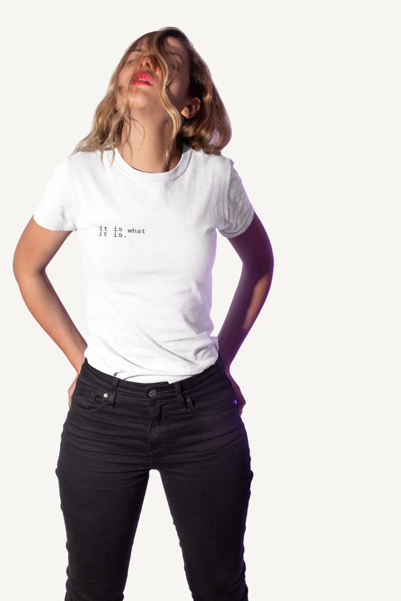 Person wearing a white t-shirt with 'template' text against a white background