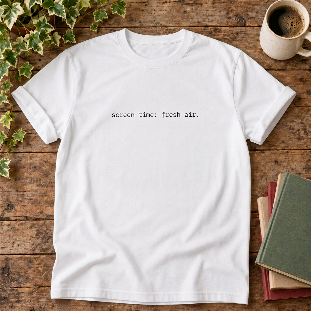 White screen time fresh air t-shirt, stylised flat lay