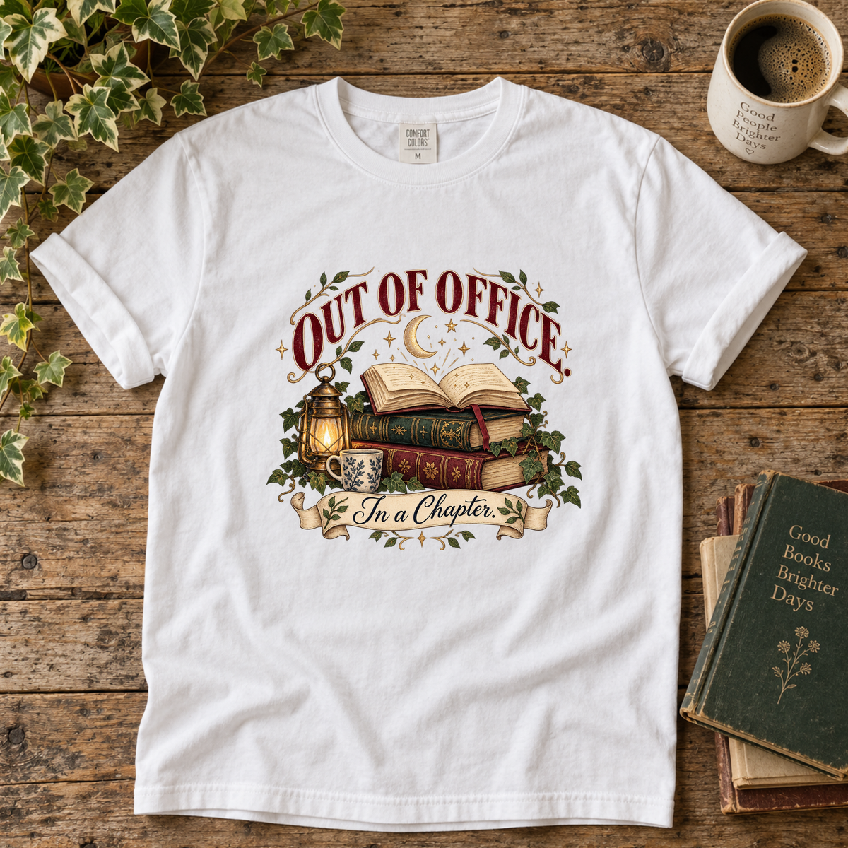 out of office. book stack. t-shirt